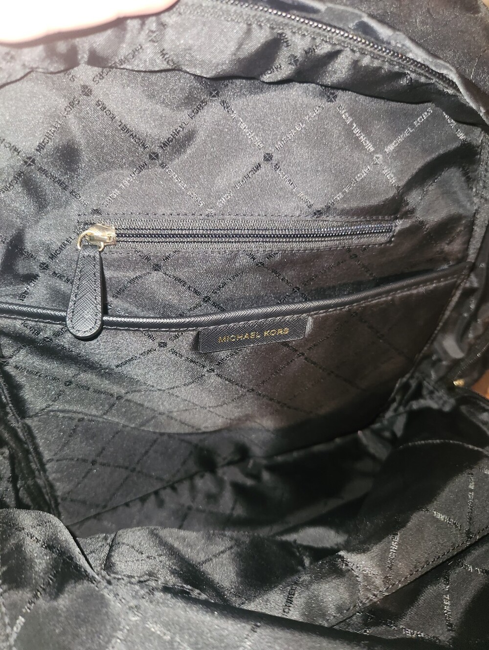Michael Kors Black Satin Leopard-Print Backpack with Gold Hardware - Picture 4 of 6